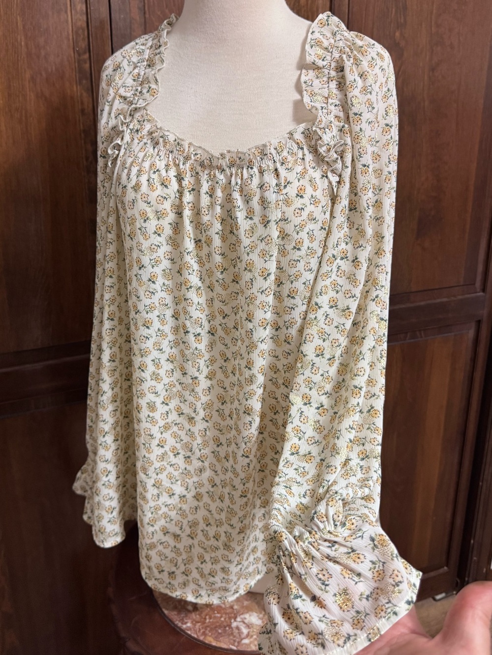 GiGiO Peasant Blouse Floral Square Neck Ruffle Small Metallic Lurex Boho Top S-L - Picture 6 of 7